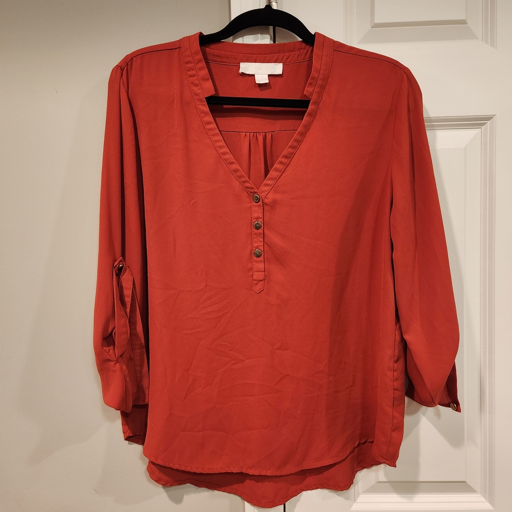 Lumiere Women's Burnt Orange V-Neck Button Henley Blouse -Size MEDIUM